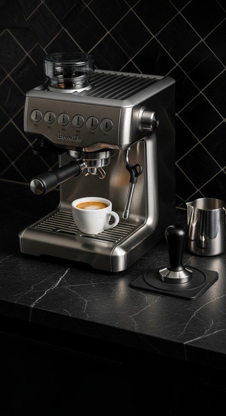Sleek Breville espresso machine with metal tamper and espresso cup on a black soapstone counter with Zellige tile backsplash and frothing pitcher