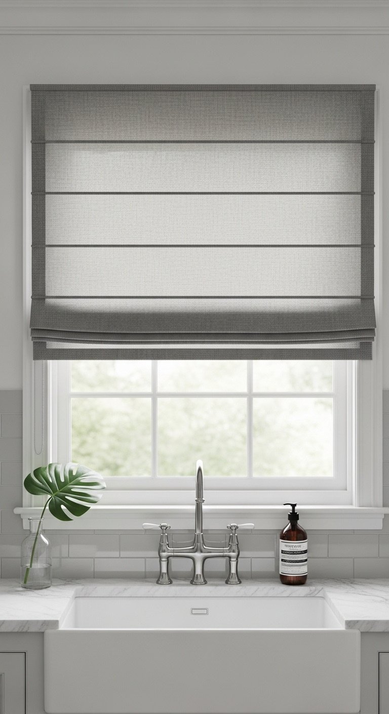 Sleek Roman shade in neutral gray fabric pulled halfway above a kitchen sink with marble countertop and subway tiles