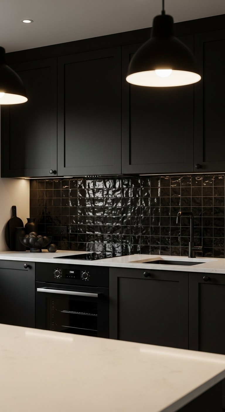 Sleek black monochromatic kitchen with matte black cabinets integrated black oven and brilliant white quartz countertop
