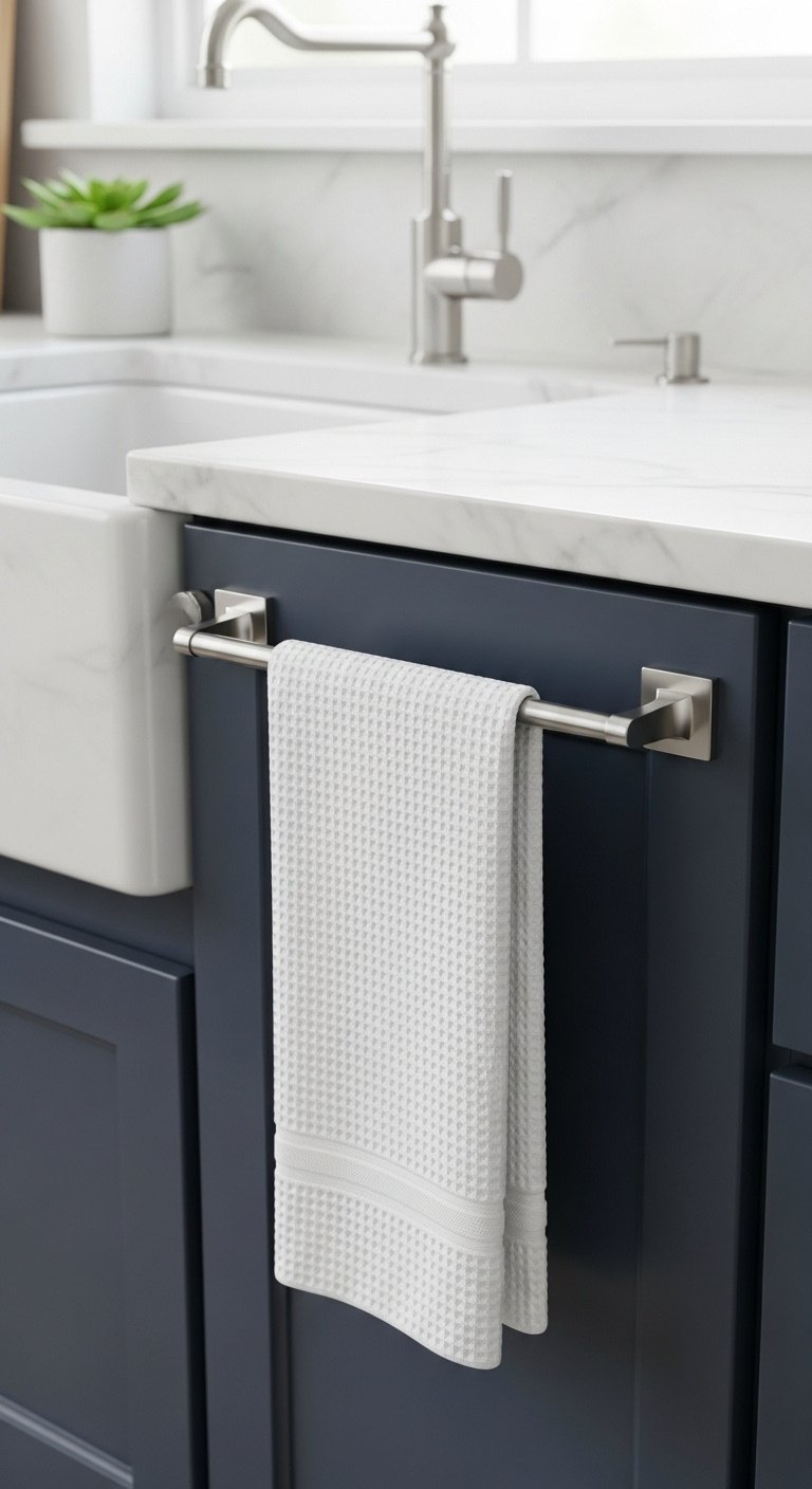 Sleek brushed nickel over cabinet towel bar with white waffle weave kitchen towel on a navy shaker cabinet in a minimalist kitchen
