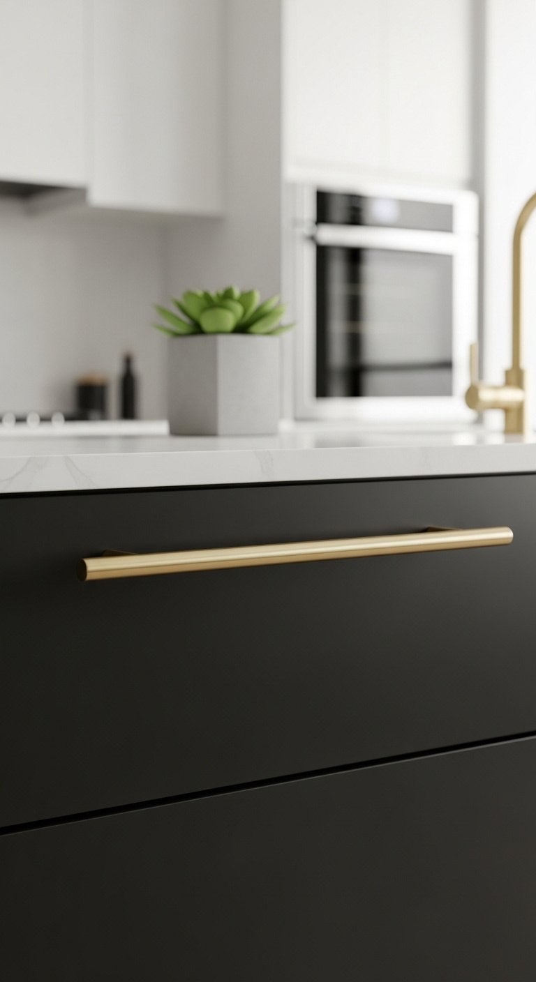Sleek brushed satin brass bar pull on a matte black kitchen cabinet with bright studio light and elegant minimalist mood