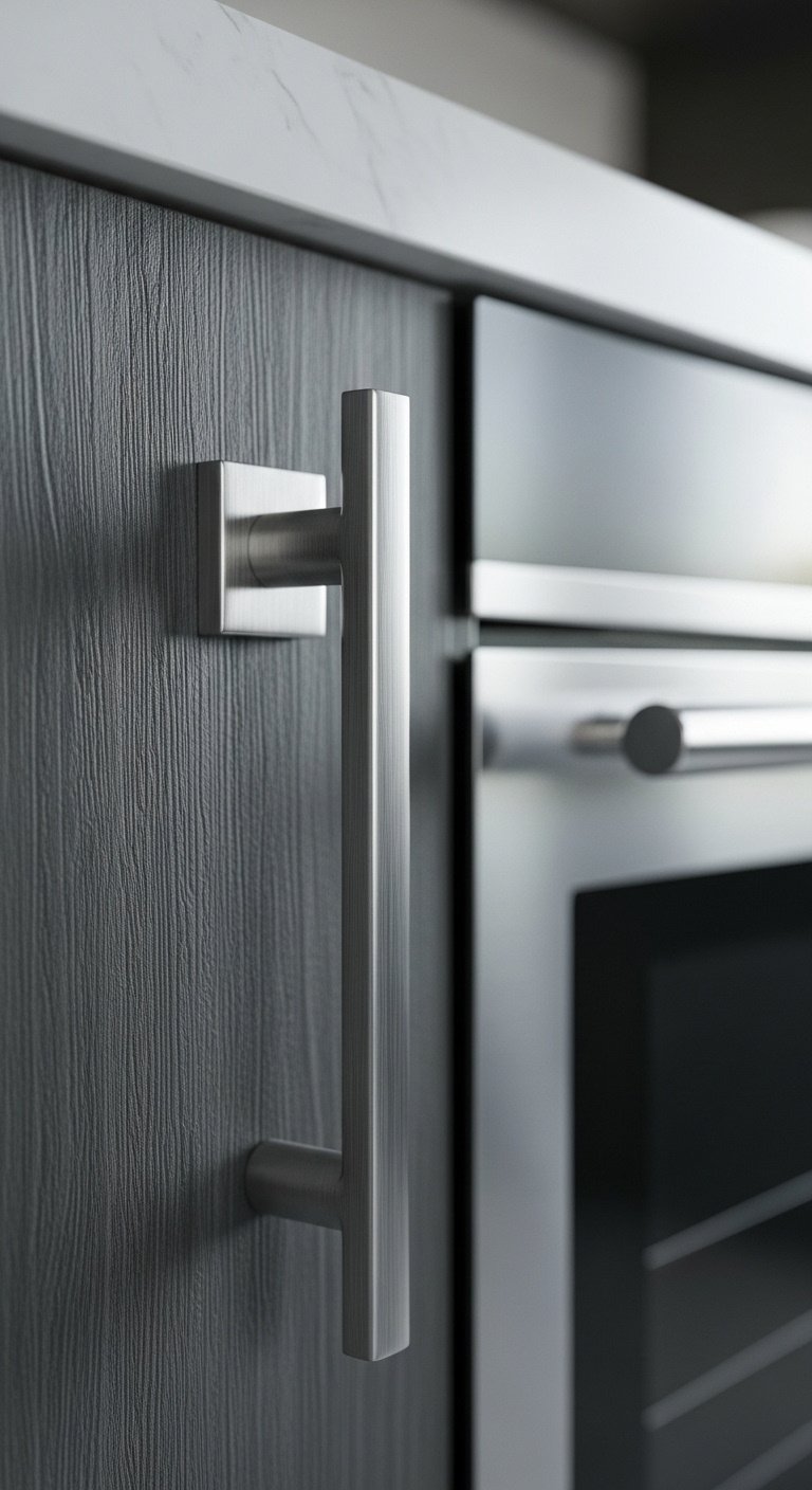 Sleek brushed stainless steel T-bar pull handle on a dark gray wood-grain cabinet, bright studio light, blurred kitchen appliances
