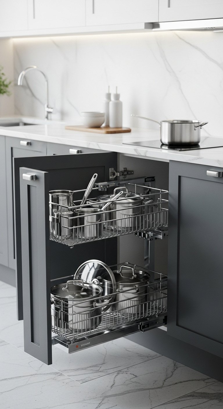 Sleek chrome Magic Corner pull-out system extended from a dark grey kitchen cabinet with organized pots and pans, bright studio light
