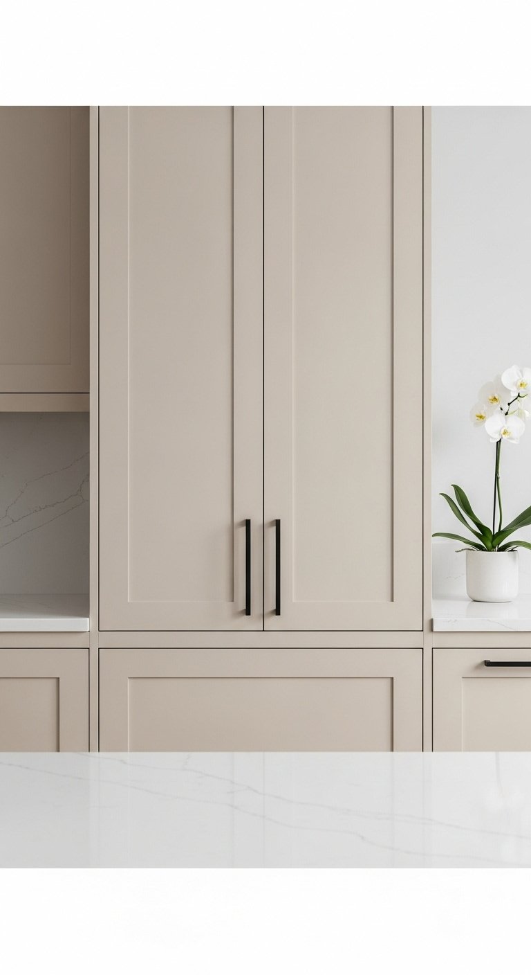 Sleek flat panel greige kitchen cabinet with matte black bar pull and white quartz countertop