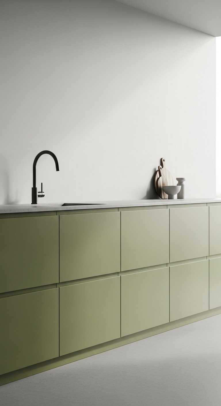 Sleek handleless green cabinets in matte olive green with light gray concrete countertop and sculptural matte black faucet