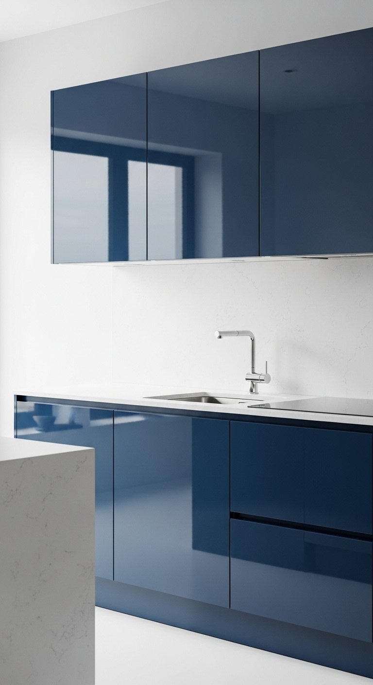 Sleek high-gloss modern blue kitchen with handleless flat-panel navy cabinets and white quartz waterfall countertop