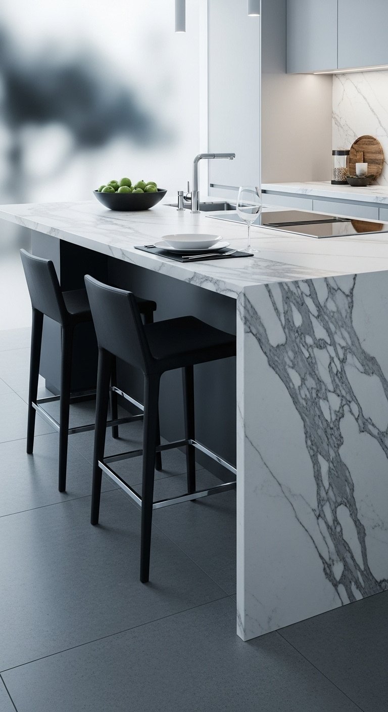 Sleek kitchen peninsula with waterfall marble countertop and black leather stools for a luxurious contemporary feel