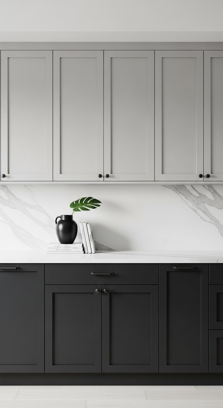 Sleek light gray upper and dark charcoal lower slab kitchen cabinets with marble backsplash and countertop