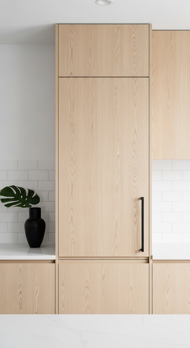 Sleek light maple slab kitchen cabinet doors with integrated finger pulls and white quartz countertop