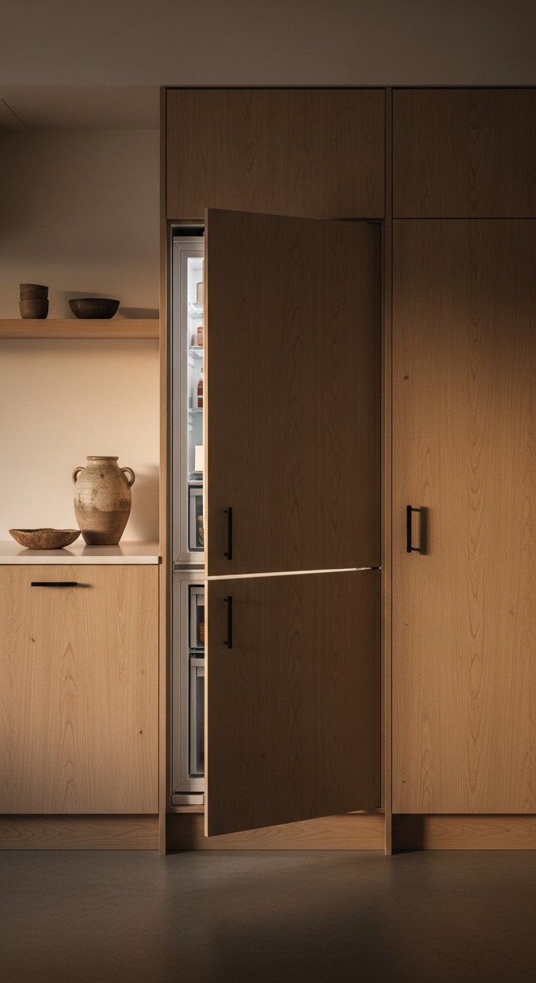 Sleek light oak kitchen cabinets with a slightly ajar integrated refrigerator door, polished concrete floor and warm lighting