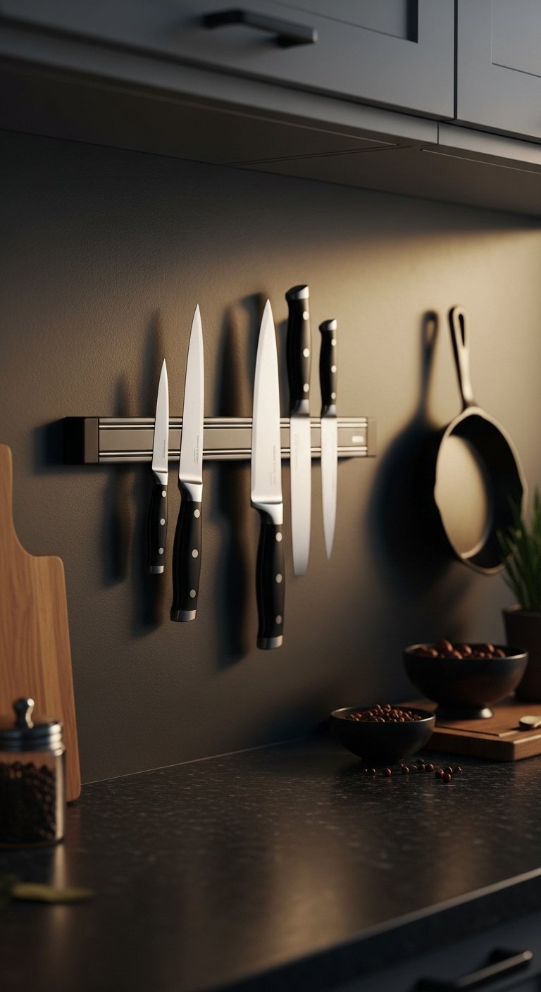 Sleek magnetic knife strip on a dark grey kitchen wall with professional knives organized above a granite countertop