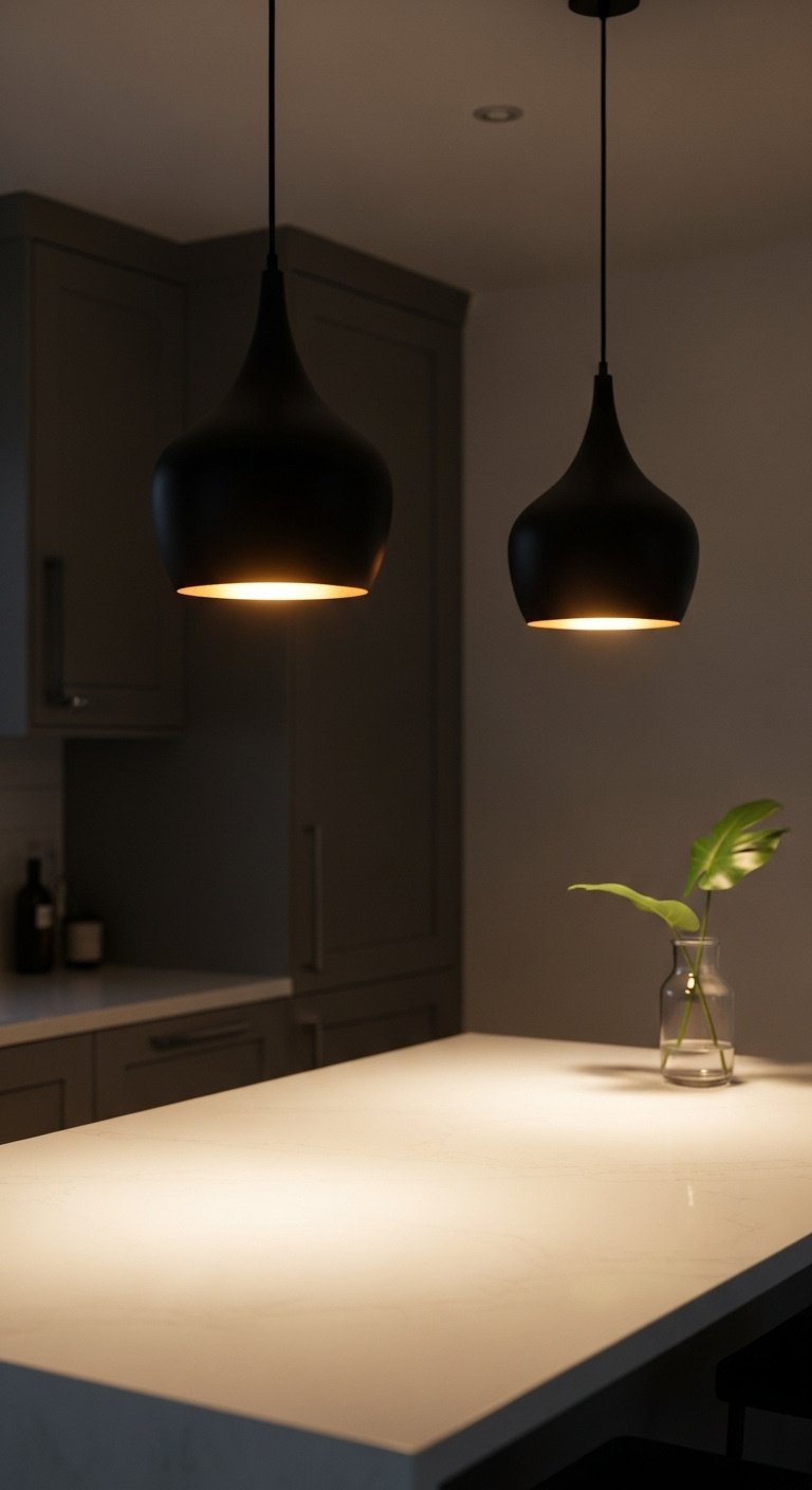 Sleek matte black pendant lights illuminate a minimalist white kitchen island with a simple glass vase