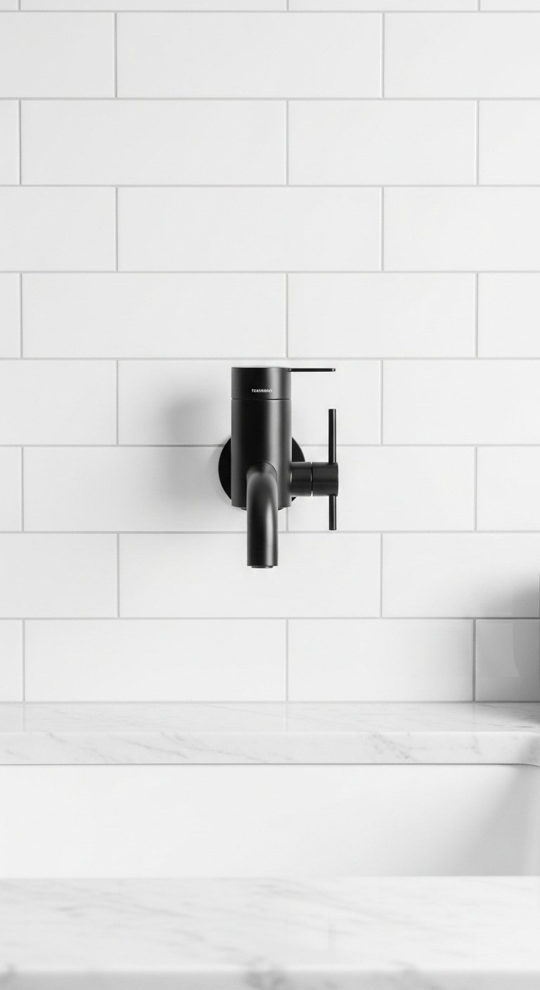 Sleek matte black wall-mounted soap dispenser on white subway tiles above a modern kitchen sink with clear countertop for decluttering