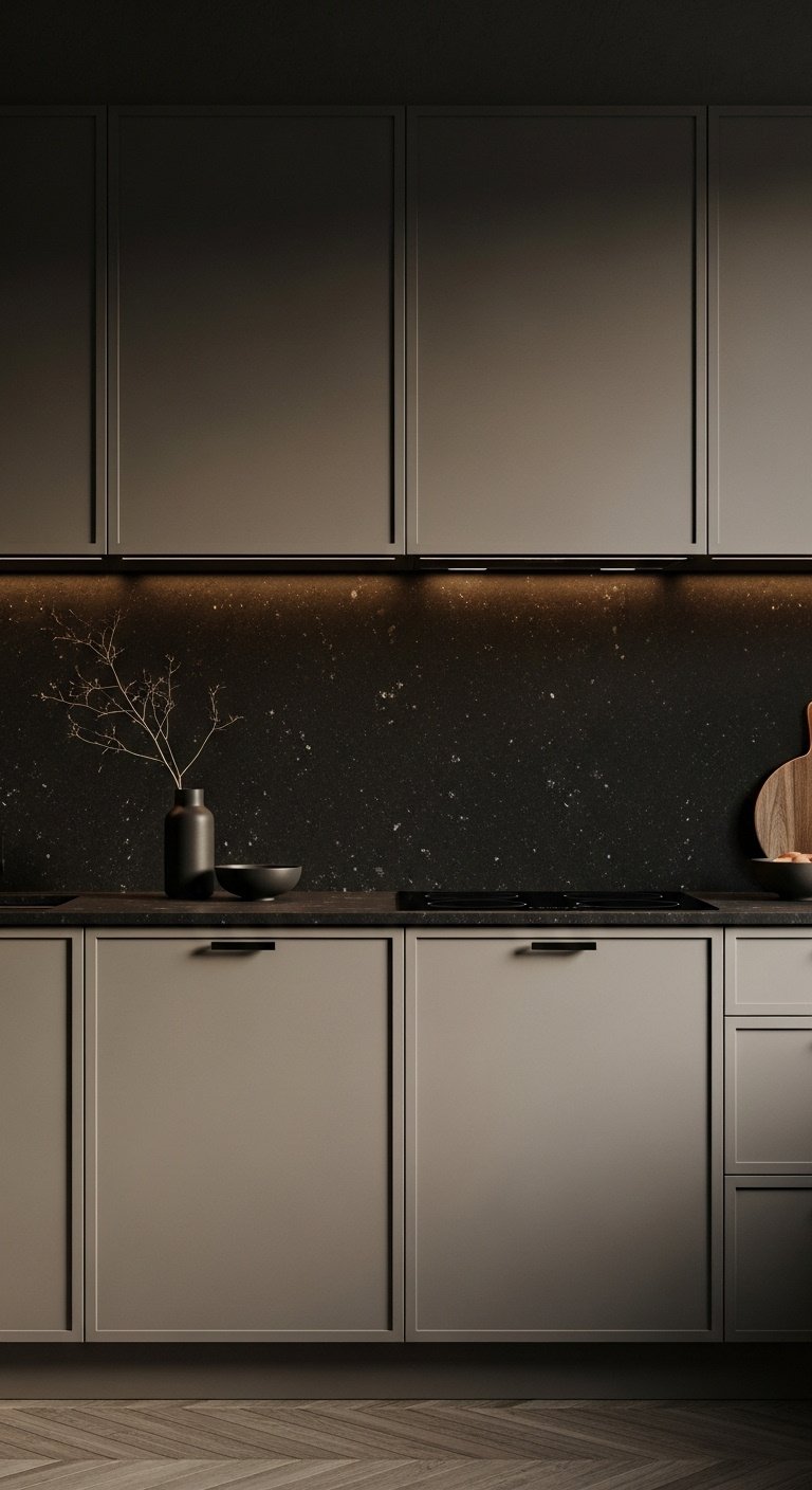 Sleek matte medium taupe kitchen cabinets with black granite countertop and minimalist black pulls