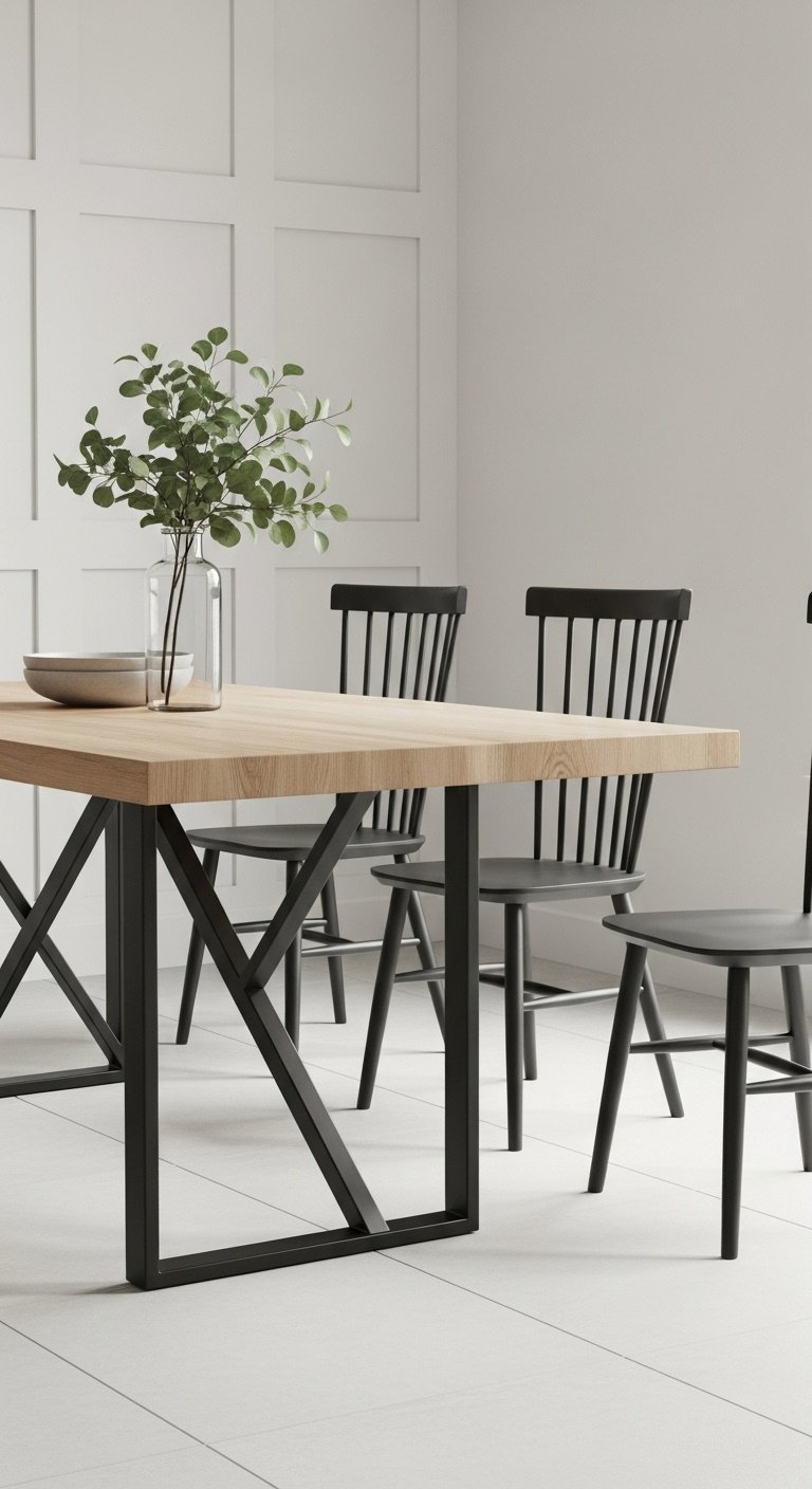 Sleek modern farmhouse dining table with natural wood top minimalist matte black metal X-frame legs and Windsor chairs