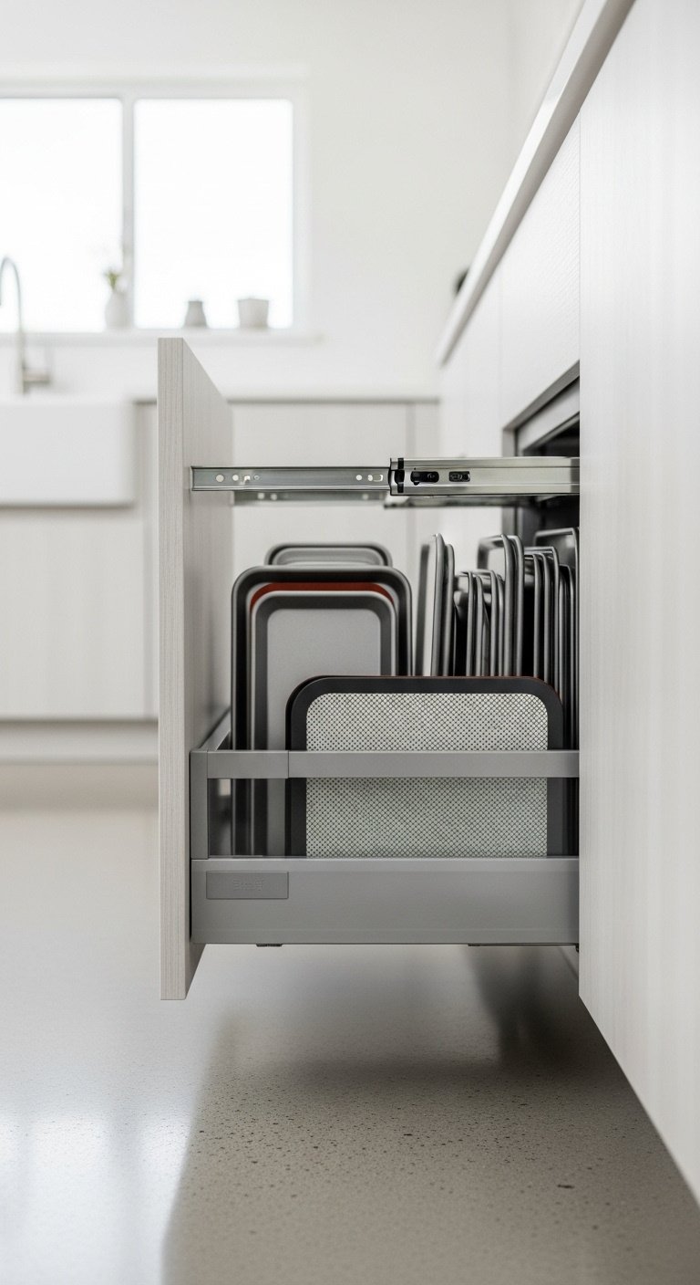 Sleek modern kitchen toe-kick drawer slightly open revealing organized baking sheets and silicone mats maximizing hidden space