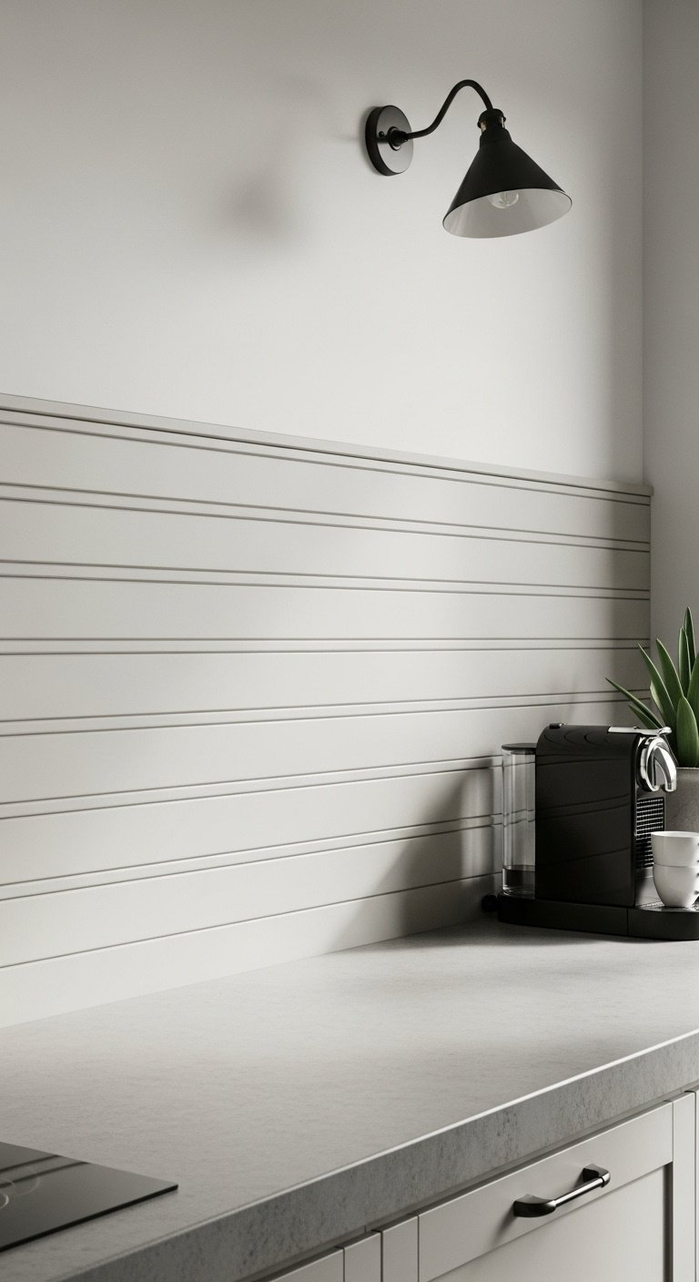 Sleek modern kitchen with a light greige horizontal beadboard backsplash concrete counter and coffee machine