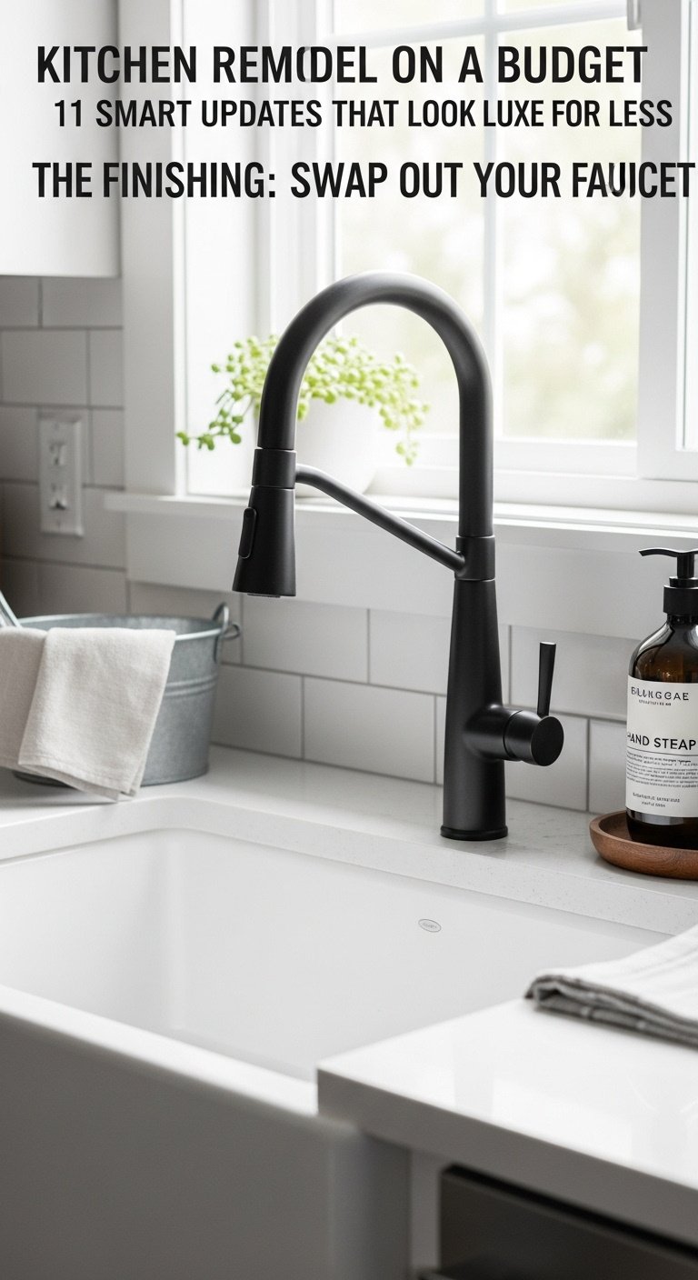 Sleek modern matte black gooseneck faucet over a clean white farmhouse sink with artisanal hand soap and a linen dishcloth