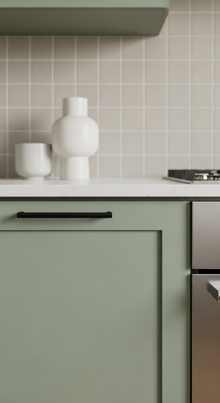 Sleek muted sage green cabinet door minimalist matte black bar pull beige square tiles white ceramic vase stainless steel appliance