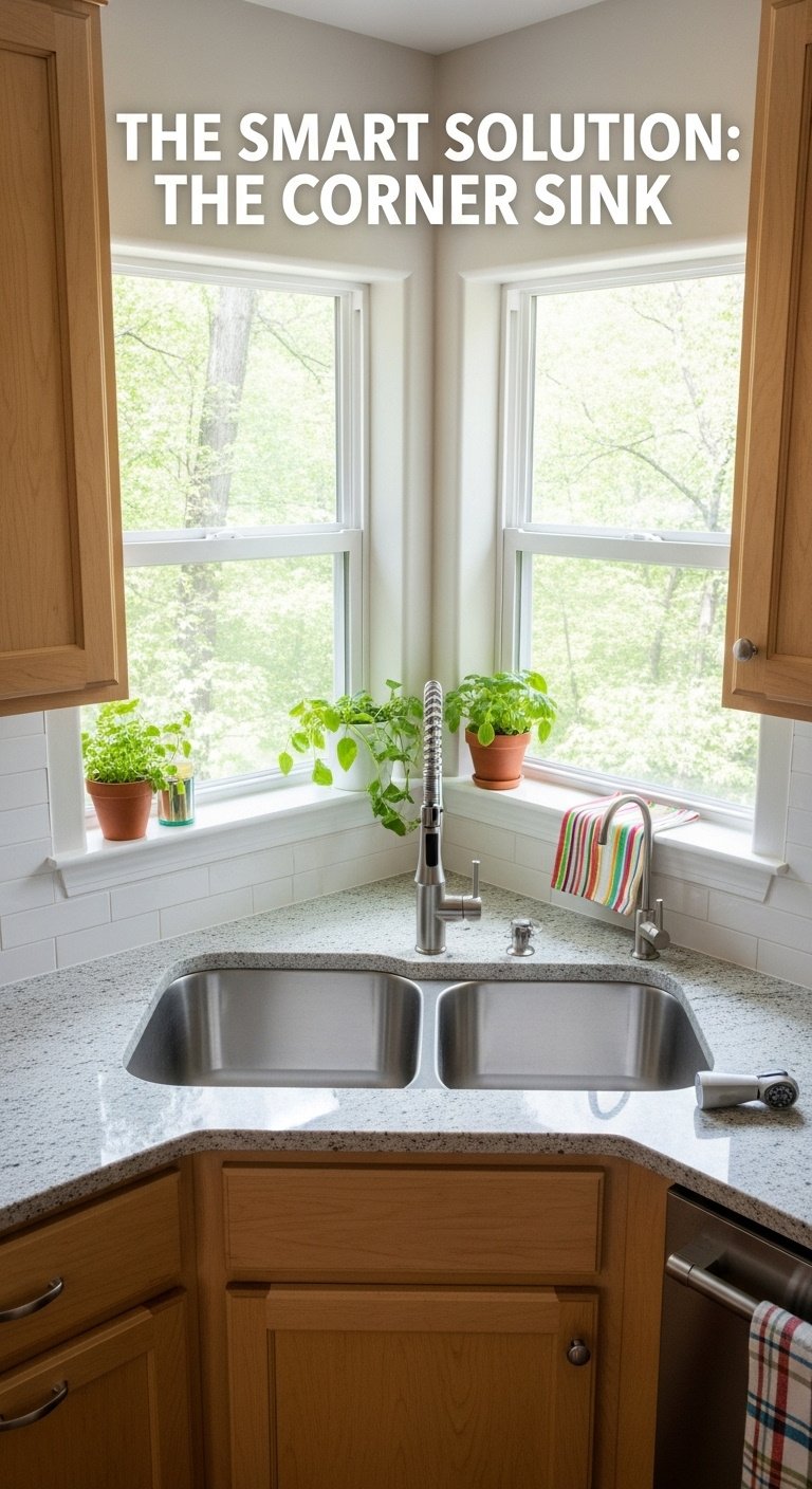 Sleek stainless steel double-bowl corner sink with a window above set in light wood cabinets with granite countertop and herbs