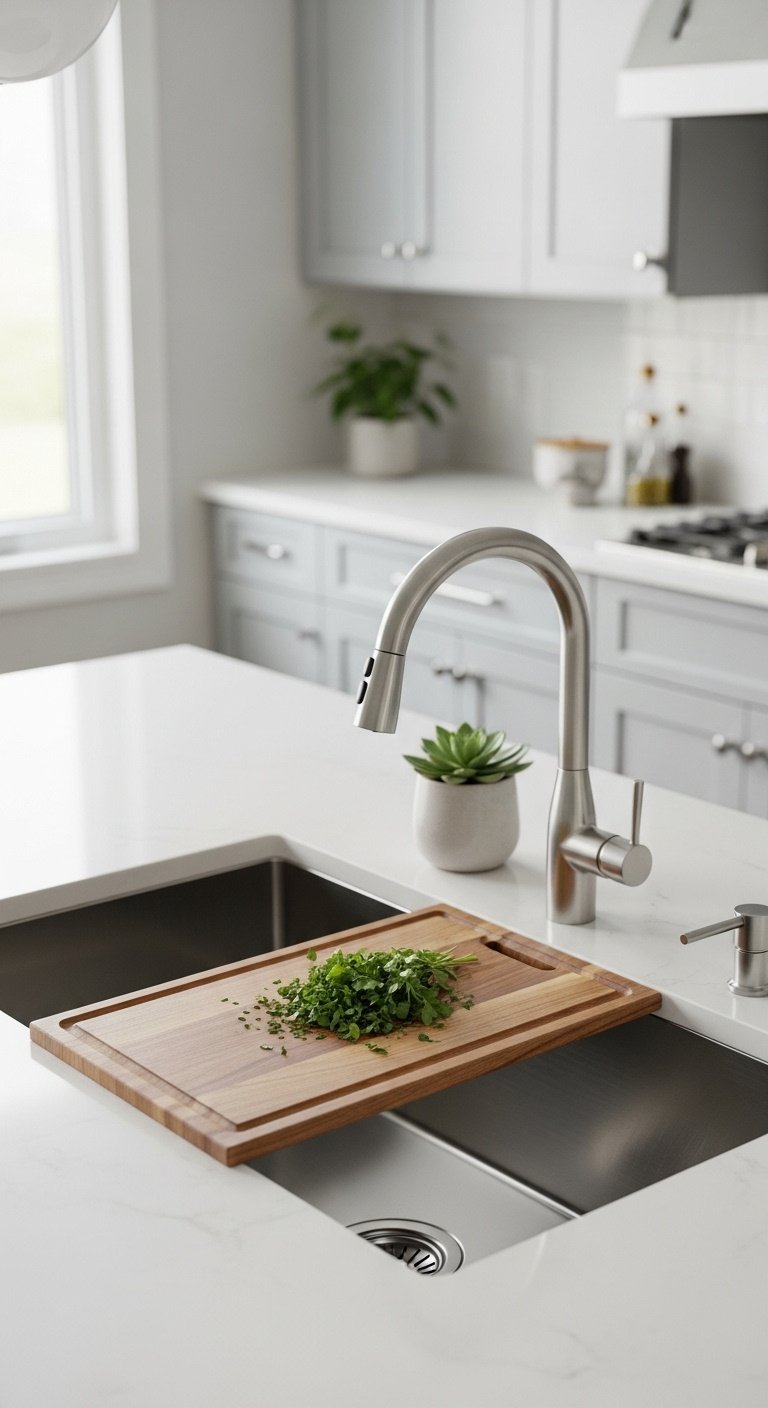 Sleek stainless steel workstation sink with integrated wooden cutting board and fresh herbs on a white quartz countertop in a modern kitchen