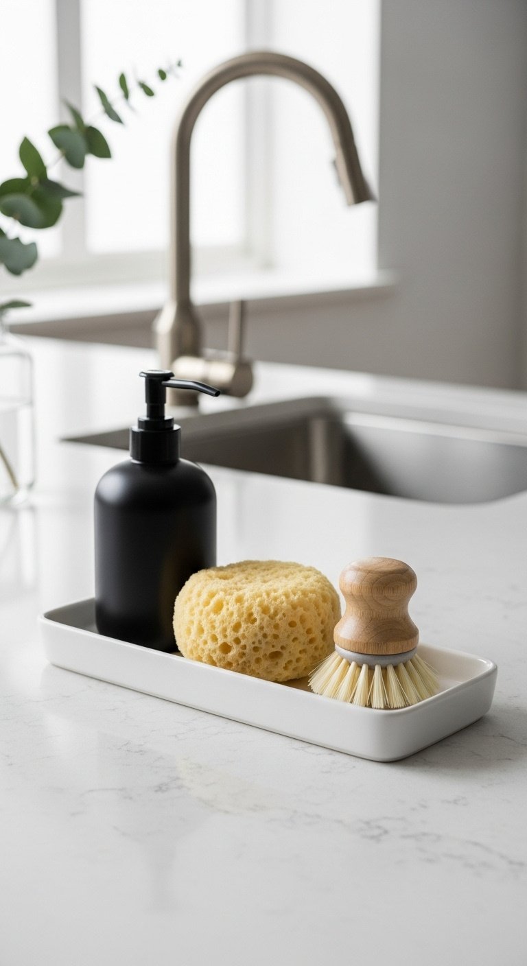 Sleek white ceramic soap and sponge tray with black dispenser natural sponge and wooden brush on a quartz countertop for kitchen organization