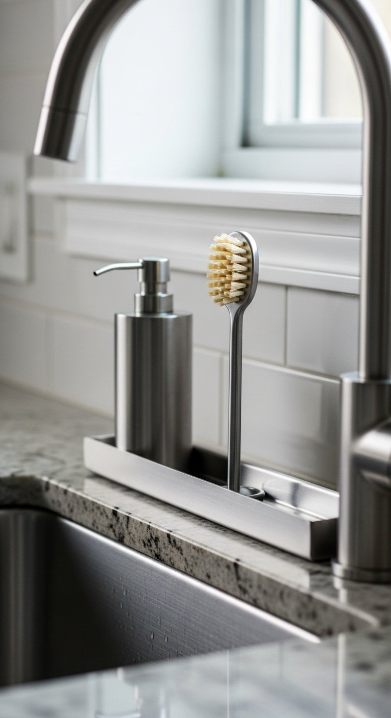 Slim stainless steel tray with soap dispenser and brush between kitchen faucet and backsplash for space-saving organization