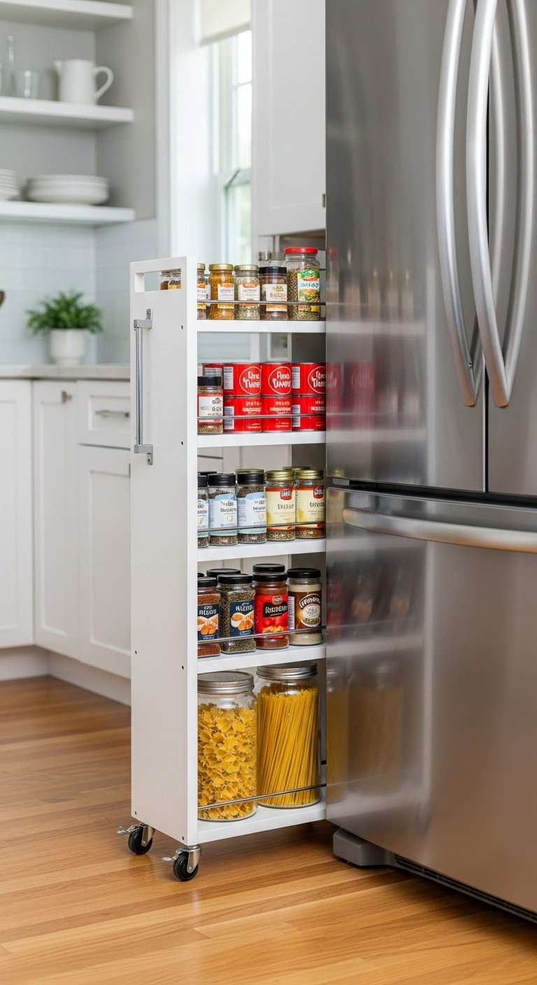 Slim white rolling pantry cart pulled out revealing organized spices and jars next to a refrigerator in a small kitchen