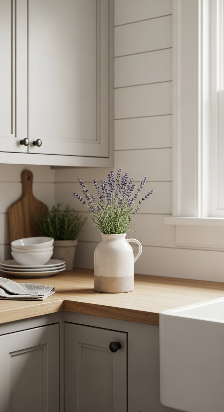 Small farmhouse kitchen with white shiplap, gray cabinets, butcher block, lavender, white plates, and potted herb