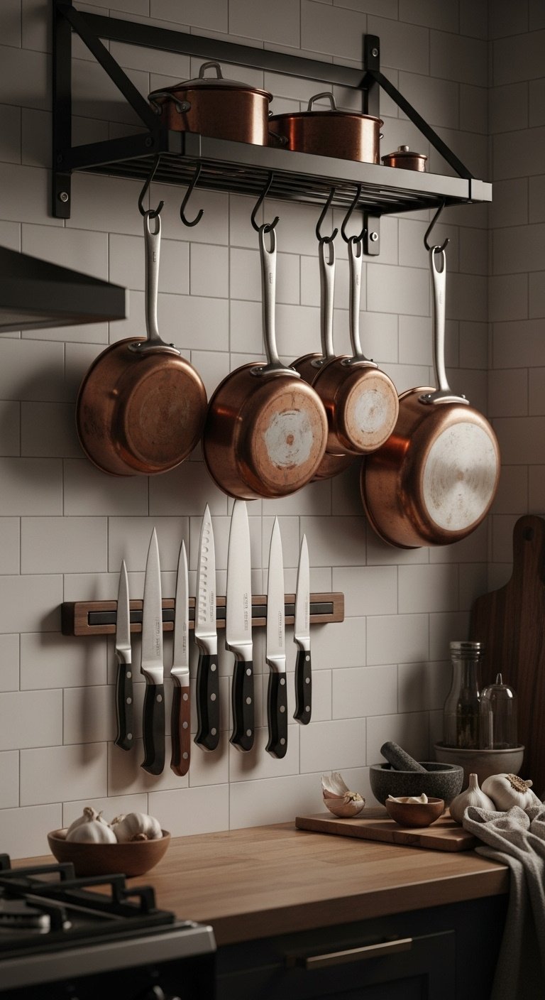 Small freestanding kitchen with movable island open shelves and butcher block counters