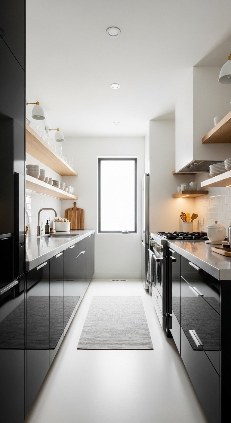 Small galley kitchen with high gloss black lower cabinets white walls and light wood open shelves with a large window