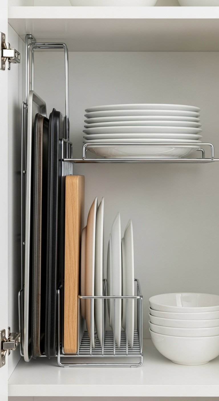 Small kitchen organization with wall mounted racks magnetic strips and roll up drying racks