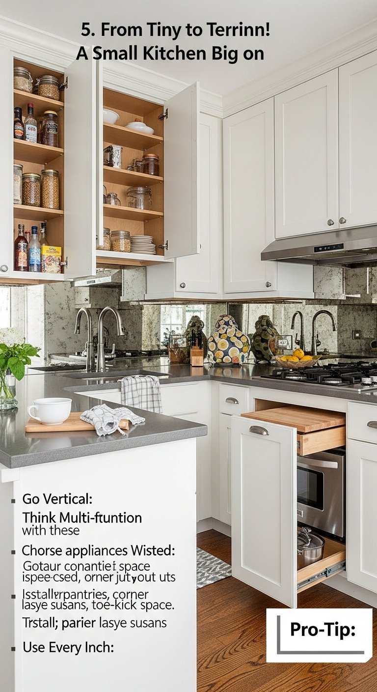 Small kitchen transformed into a terrific functional space with vertical storage compact appliances and light colors