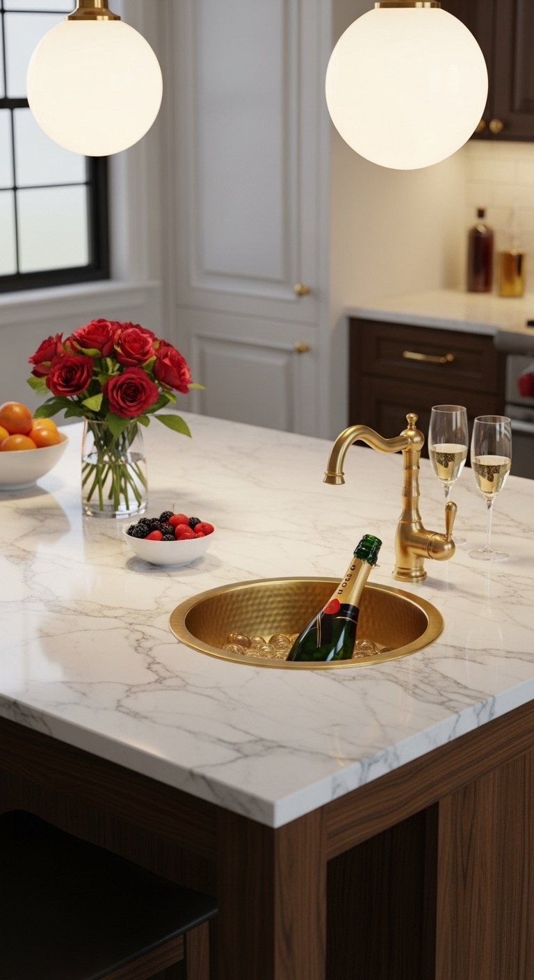 Small round hammered brass undermount bar sink in a kitchen island with white marble top chilling champagne and flutes