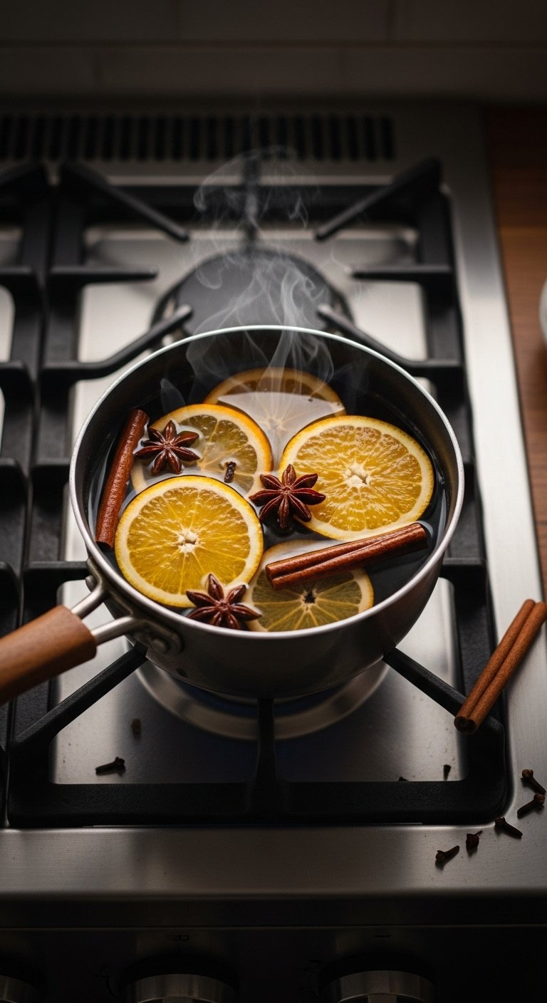 Small saucepan on stove with fall simmer pot ingredients orange slices cinnamon sticks star anise and steam