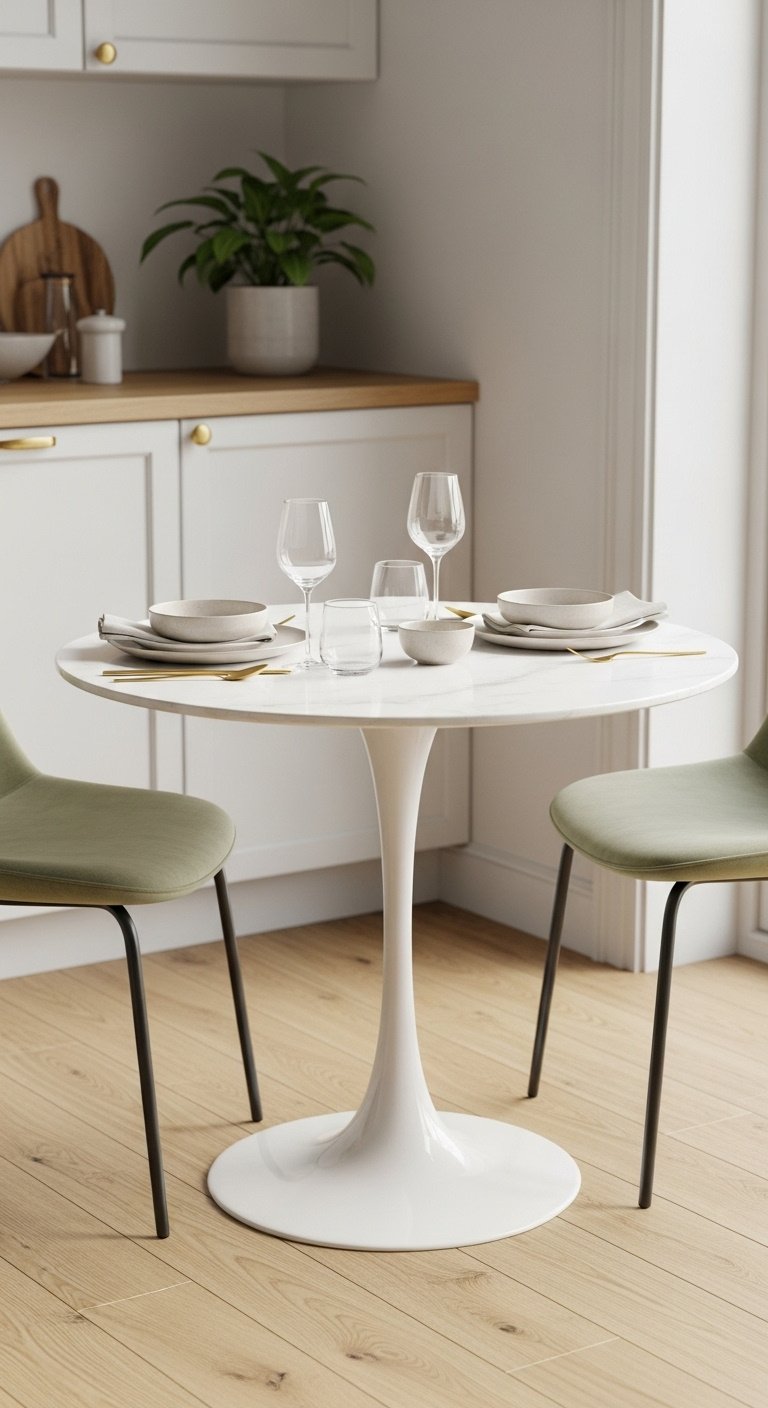 Small white marble round pedestal dining table in a bright kitchen corner set for two with sage green chairs