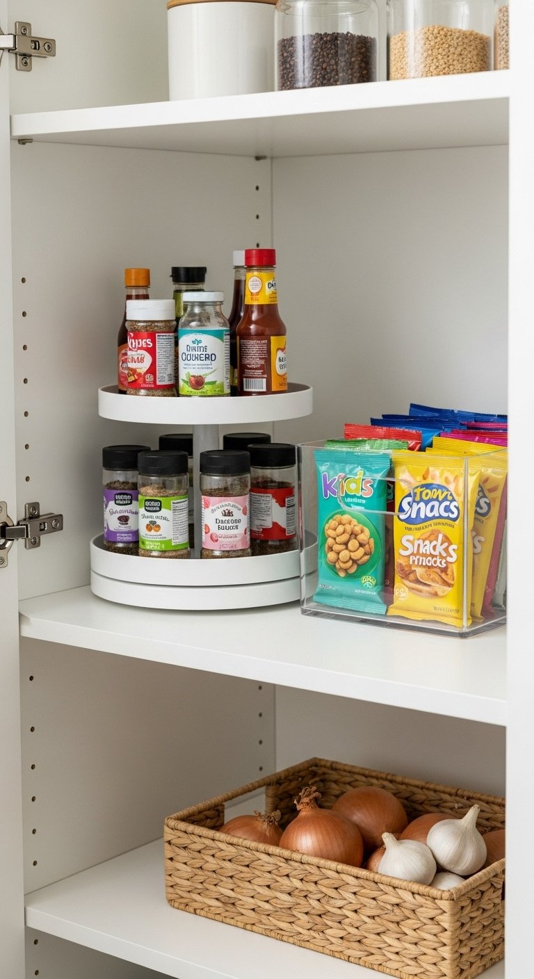 Smart kitchen cabinet storage ideas with tiered spice racks and pull out cabinet organizers