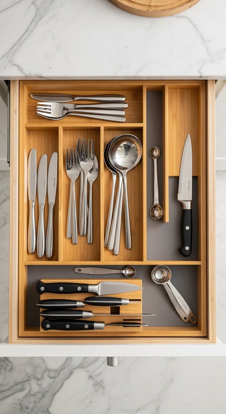 Smart kitchen organization ideas featuring tiered spice racks and labeled glass canisters