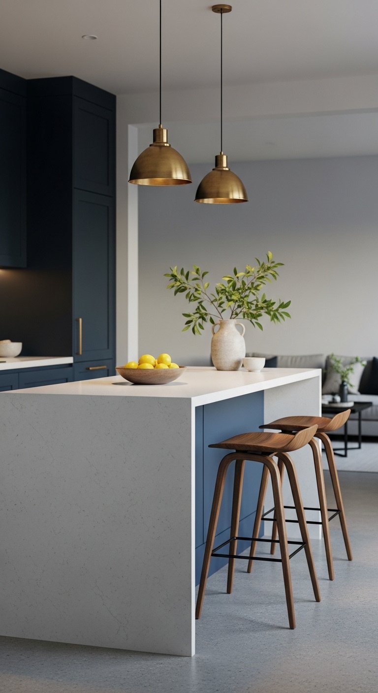 Smart kitchen peninsula divider with white quartz waterfall edge navy blue cabinets modern wooden bar stools and brass pendant lights
