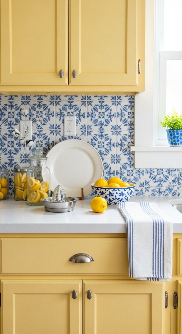 Soft butter yellow vintage kitchen cabinets white countertop blue white tile backsplash glass juicer lemons silver knobs
