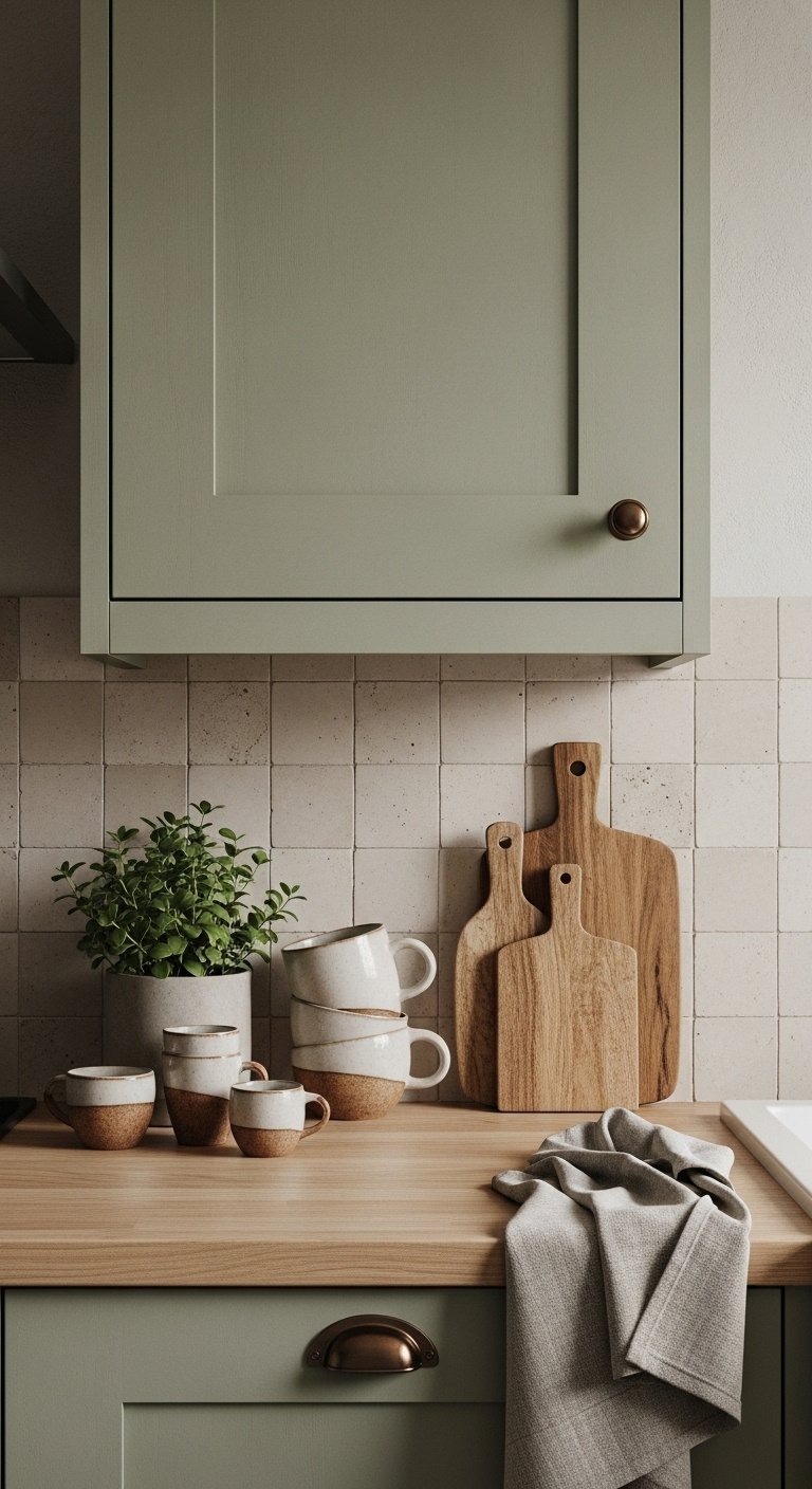 Soft earthy kitchen sage green shaker cabinets light wood countertop off white tile backsplash ceramic mugs potted plant linen towel