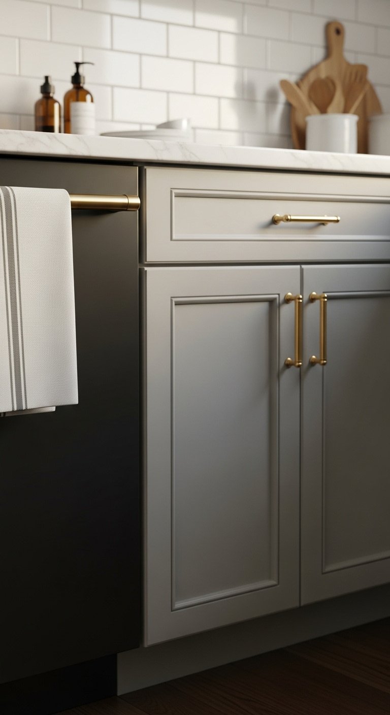 Soft gray transitional kitchen with matte black dishwasher light gray Shaker cabinets brushed gold handles and marble-look quartz countertop