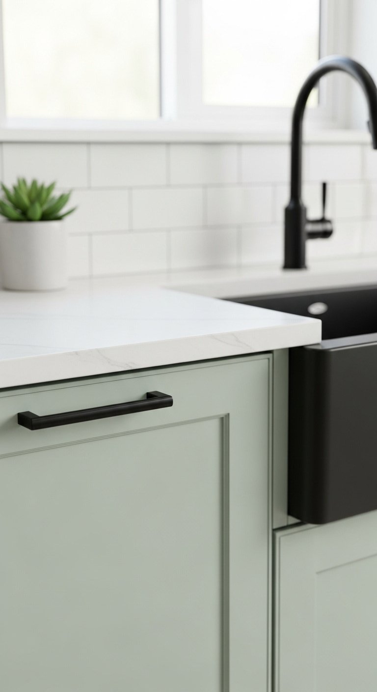 Soft sage green cabinet drawer with matte black pull black farmhouse sink white subway tile backsplash potted succulent black faucet