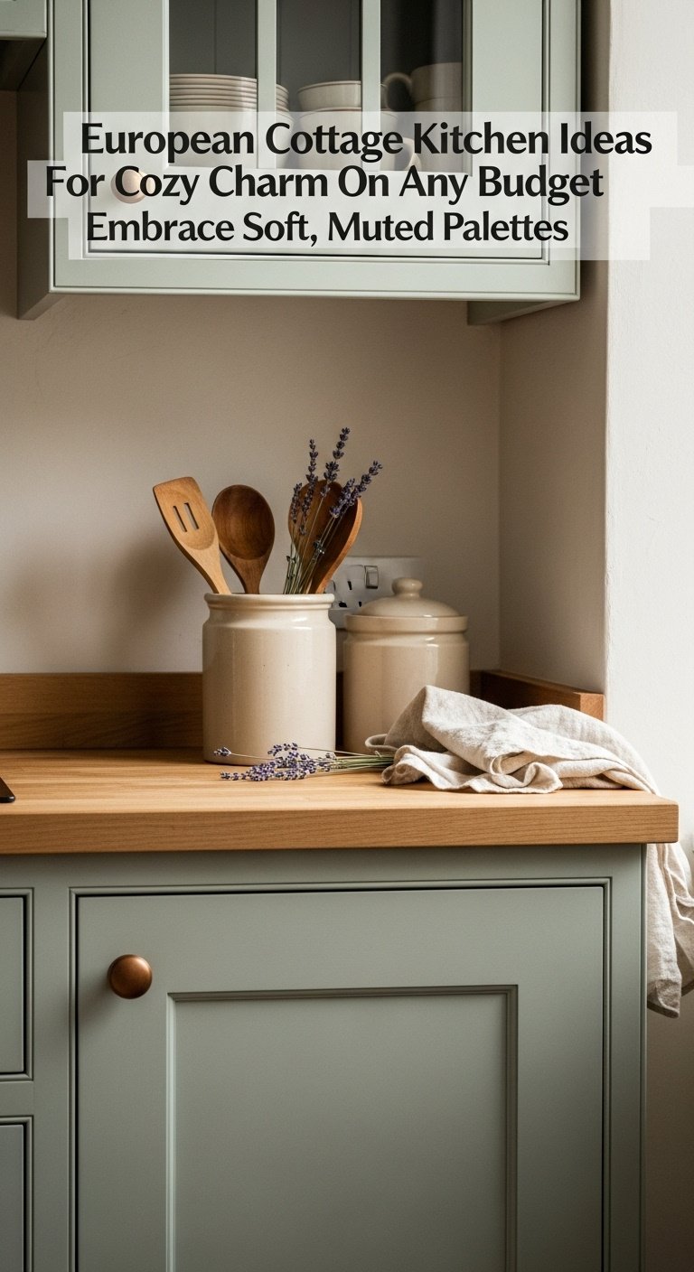 Soft sage green kitchen cabinets with a matte finish a ceramic crock with wooden spoons and dried lavender on a butcher block countertop