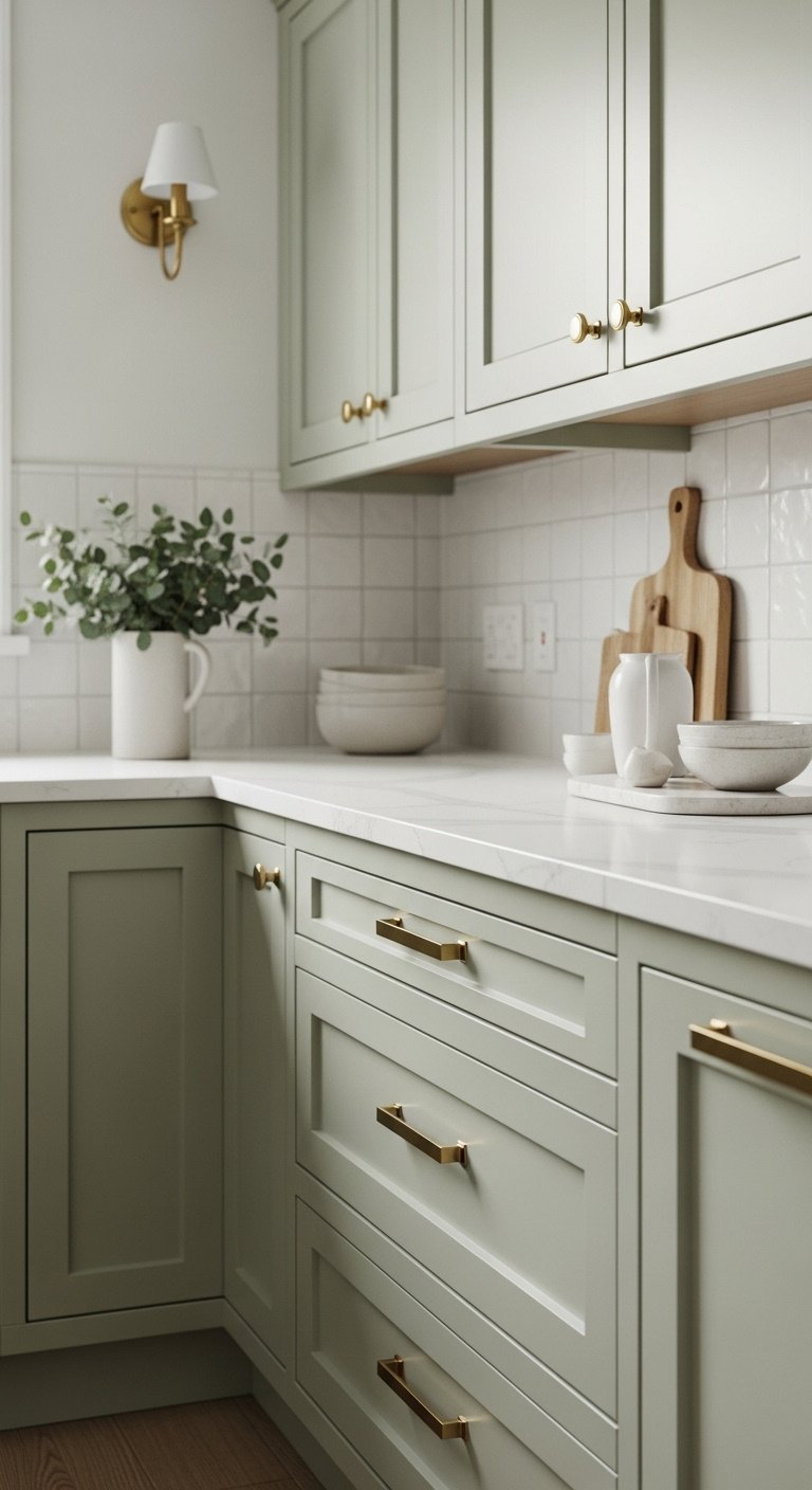 Soft sage green shaker kitchen cabinets with crisp white quartz countertops and brass pulls in a bright airy kitchen