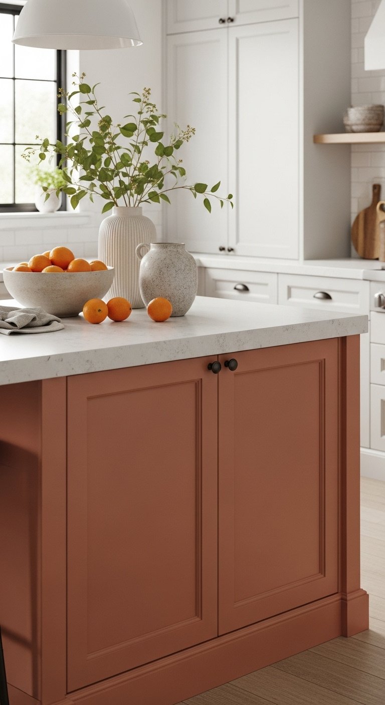 Soft terracotta kitchen island with matte finish concrete look quartz countertop citrus fruits ceramic vase bronze knobs