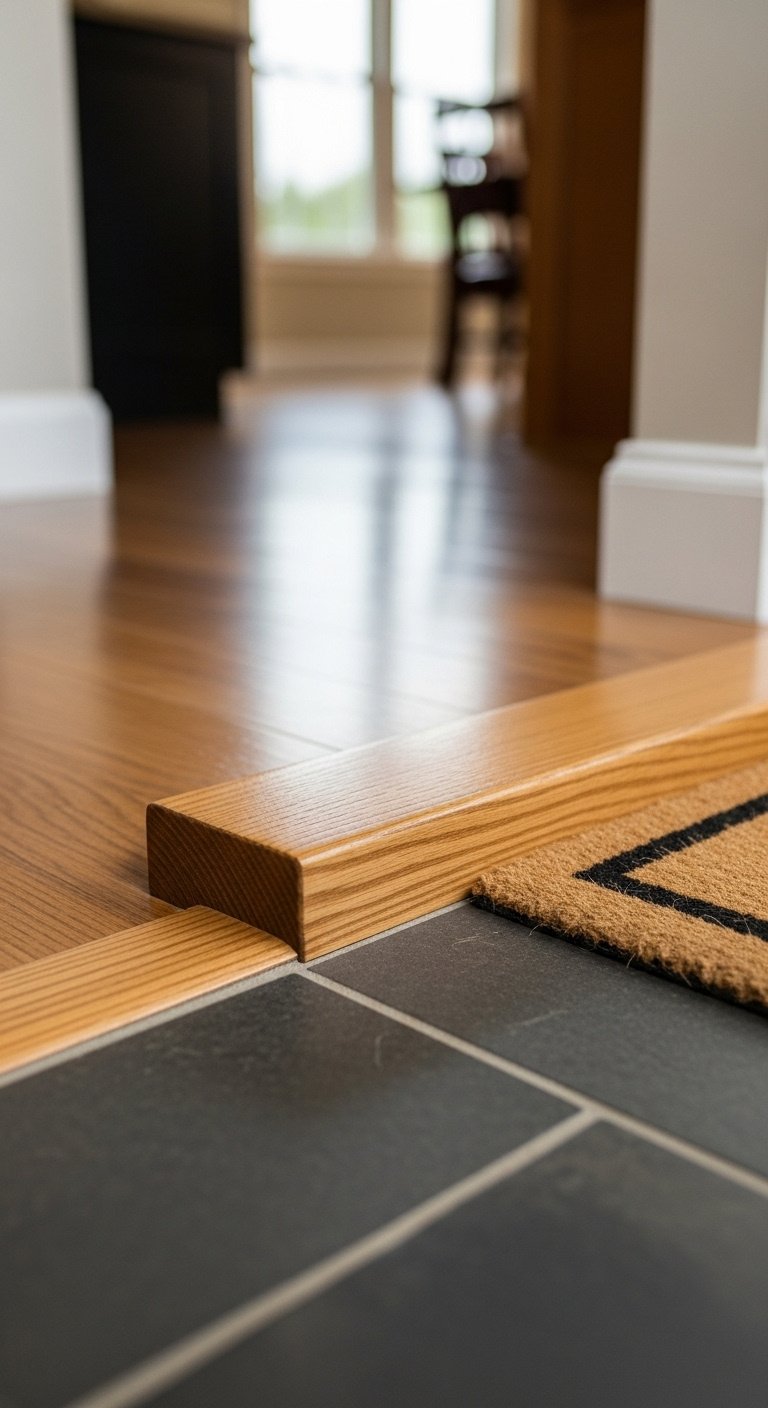 Solid oak hardwood end cap bridging height difference between hardwood and slate-look ceramic tile with natural light and cozy rustic mood