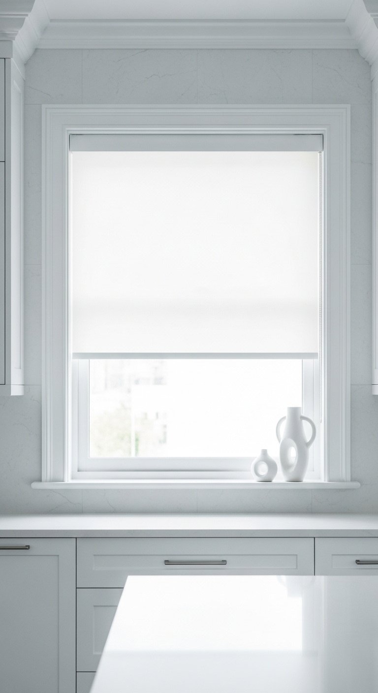 Solid white roller shade matching all-white kitchen cabinets and walls with white ceramic vase on windowsill