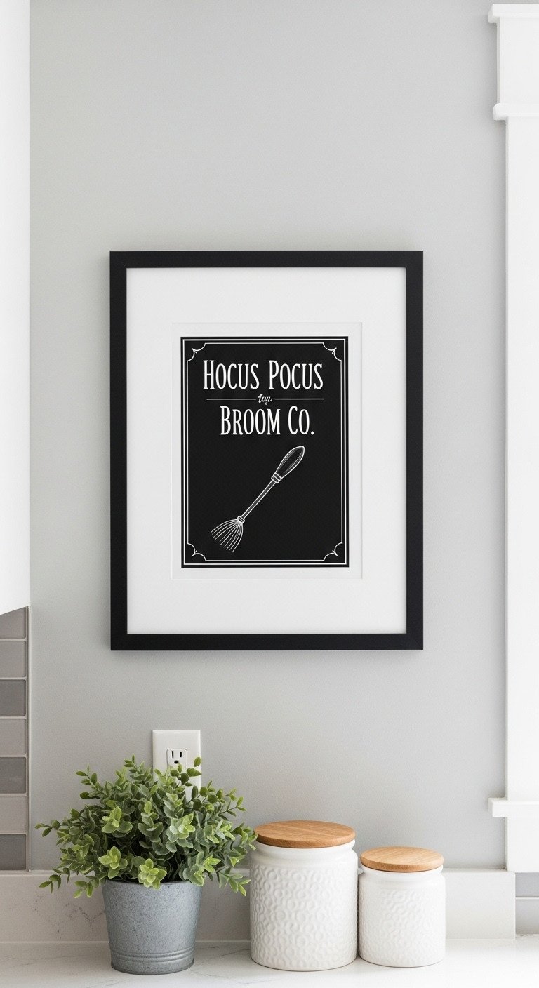 Sophisticated Halloween kitchen wall art with a black framed Hocus Pocus Broom Co chalkboard print above a counter with a potted plant