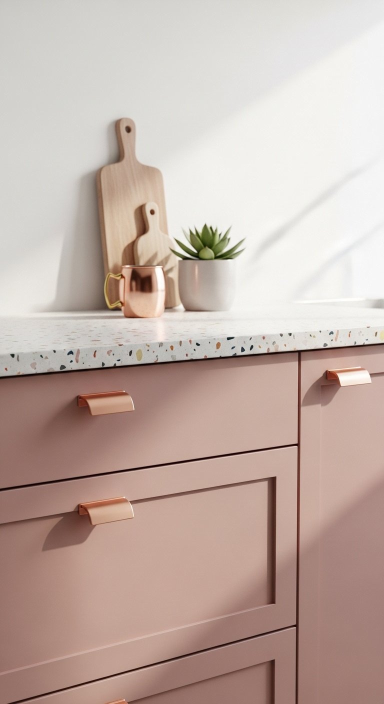 Sophisticated blush pink flat panel kitchen cabinets with white terrazzo countertop copper mug succulent and copper pulls